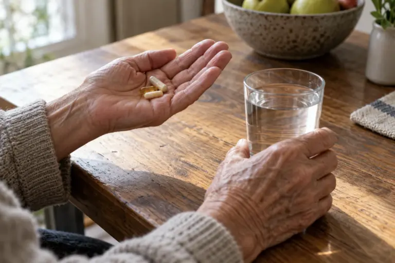 Older adult hands holding three capsules next to a glass of water on a wooden table