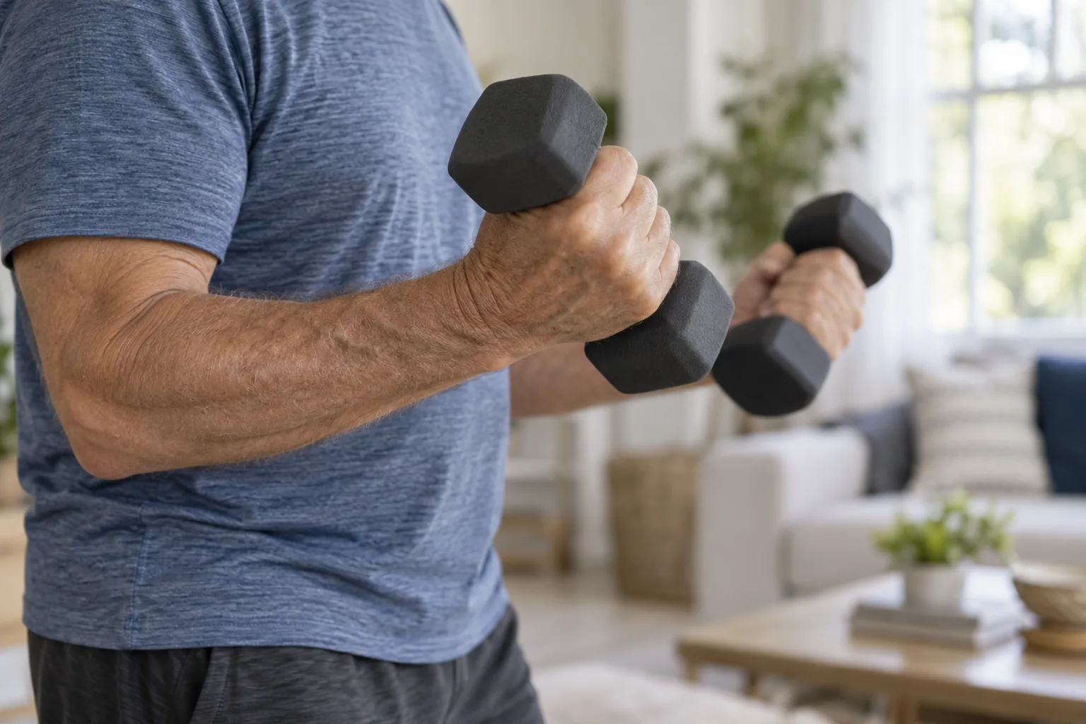 Older adult lifting two dark dumbbells in a bright living room during a strength workout