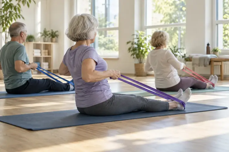 Older adults doing seated resistance band exercises on yoga mats in a bright studio