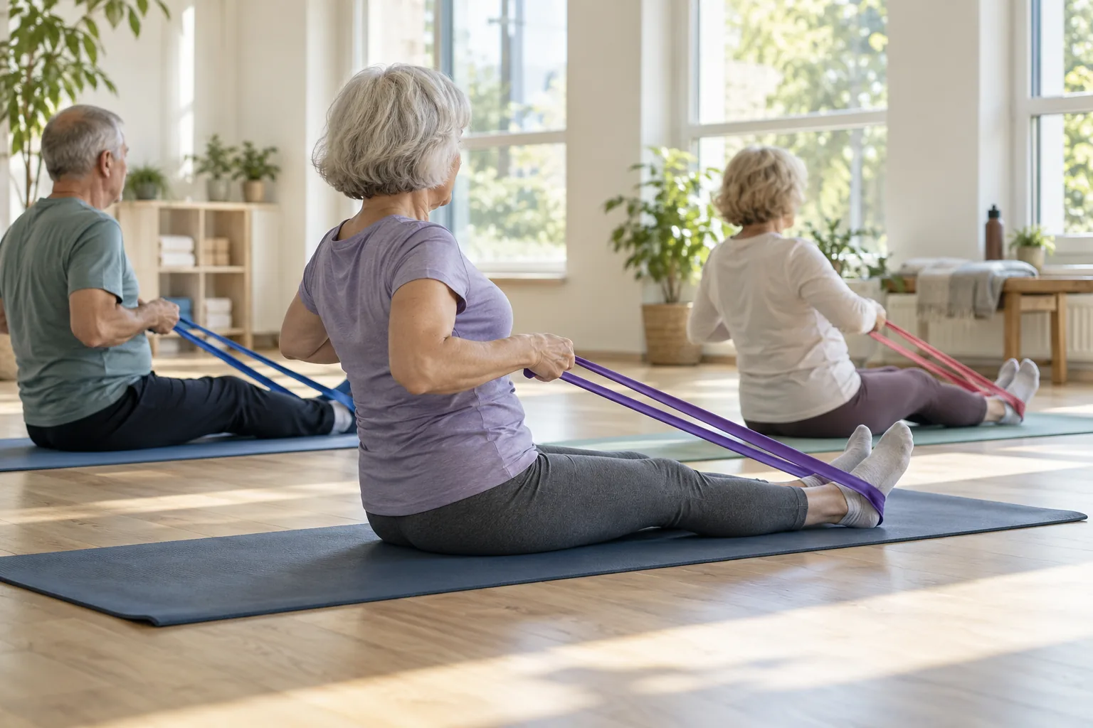 Older adults doing seated resistance band exercises on yoga mats in a bright studio