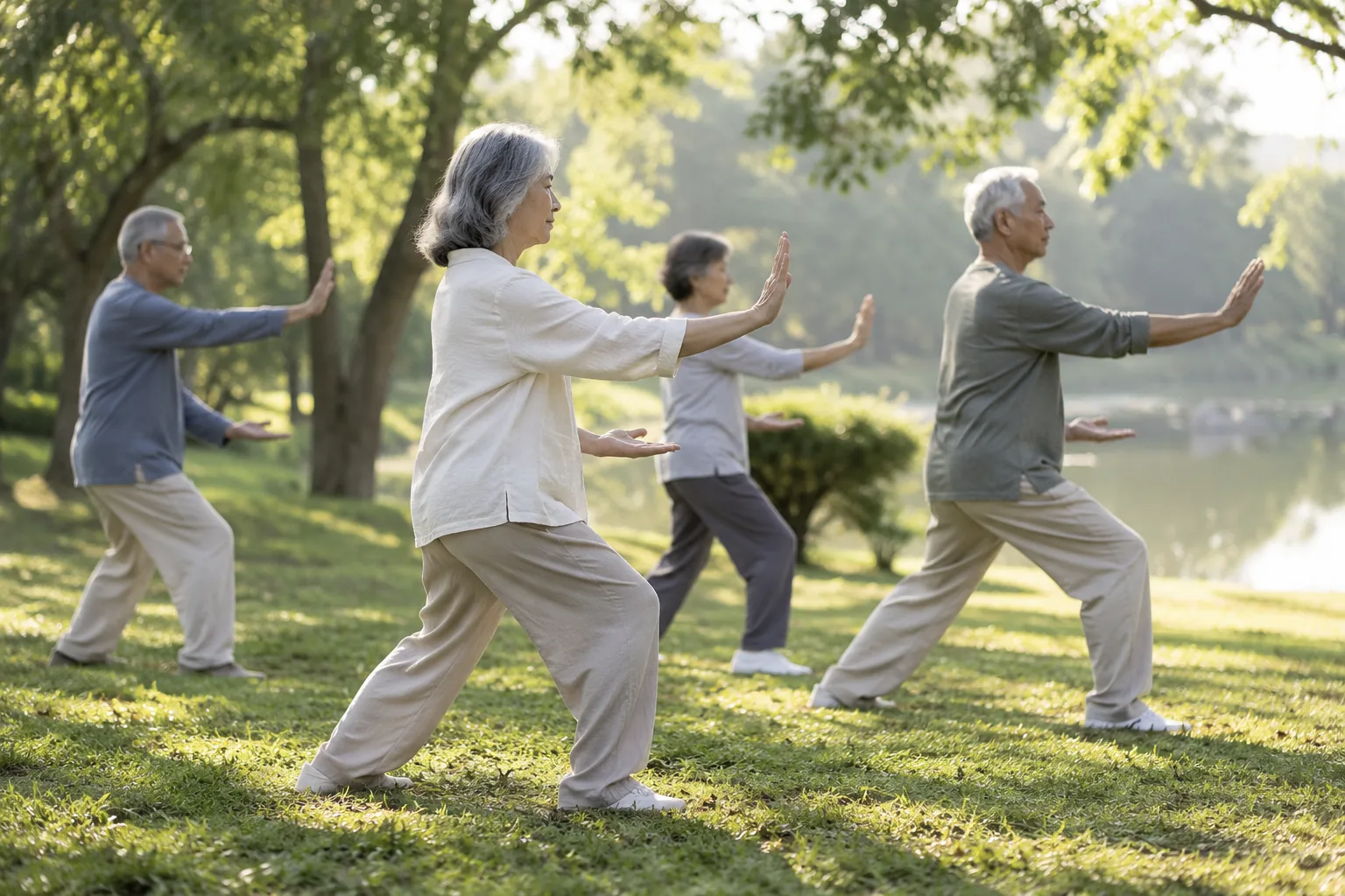 Group of older adults practising tai chi on a park lawn in morning light