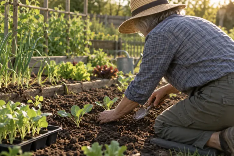 Older gardener in a straw hat kneeling to plant seedlings in a sunlit vegetable garden