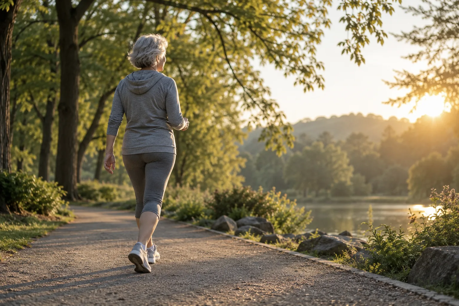 Older woman in grey activewear walking briskly along a park path by a lake at sunrise