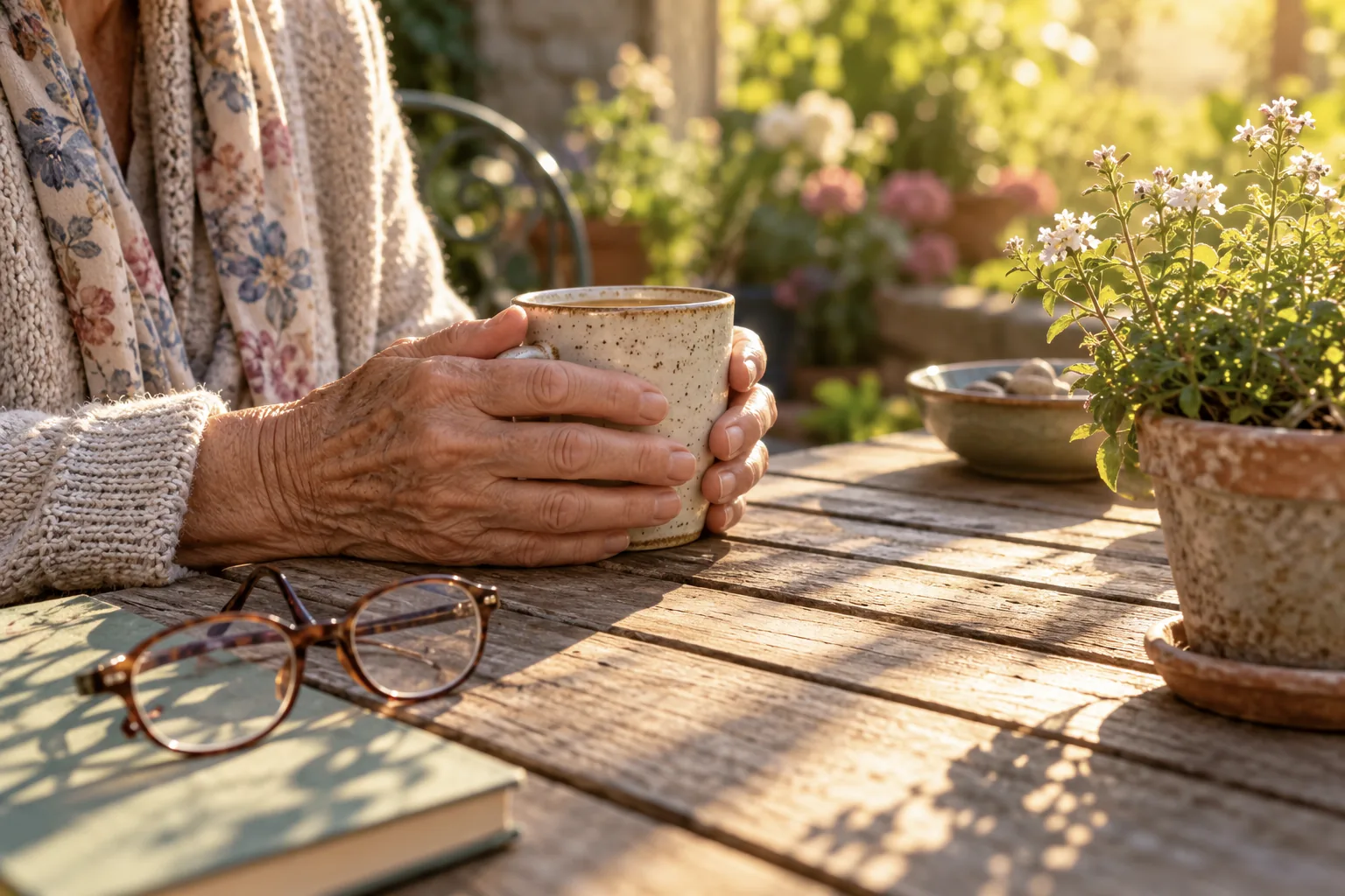 Older woman holding a ceramic mug on a sunlit garden table with reading glasses and a book