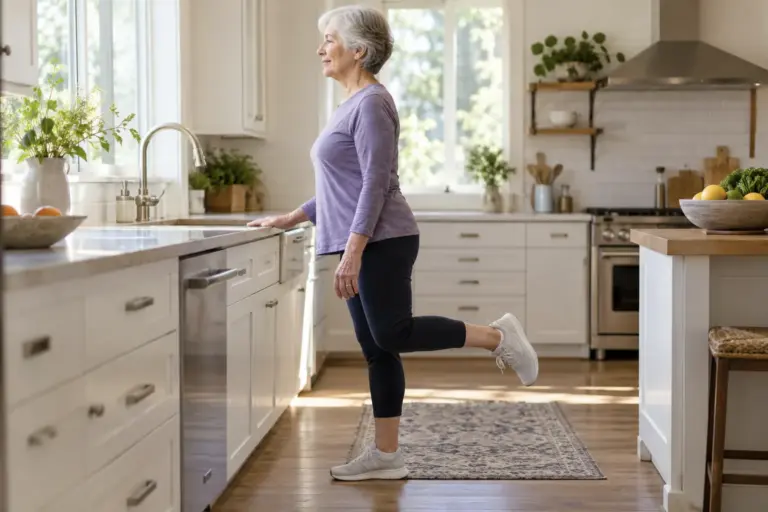 Older woman practising a single-leg balance in a bright kitchen with fingertips on the counter