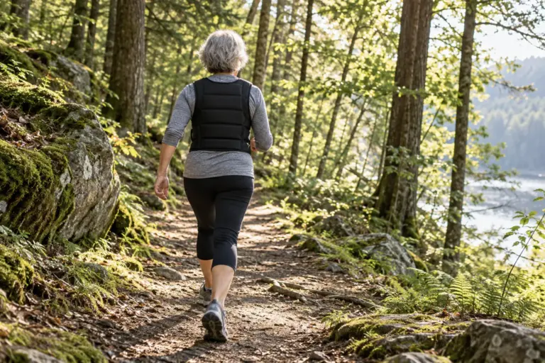 Older woman walking on a forest trail wearing a plain weighted vest, seen from behind