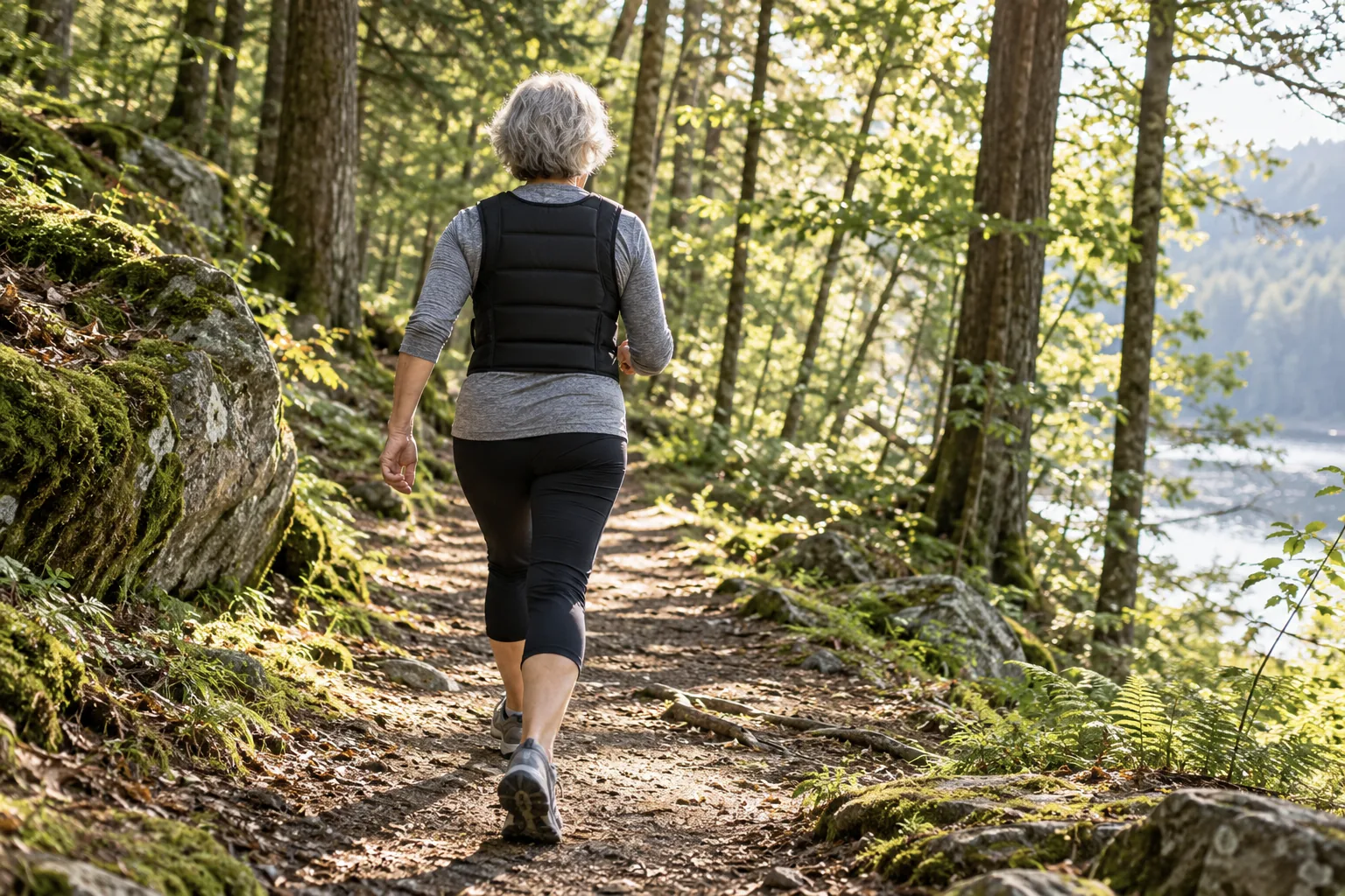 Older woman walking on a forest trail wearing a plain weighted vest, seen from behind