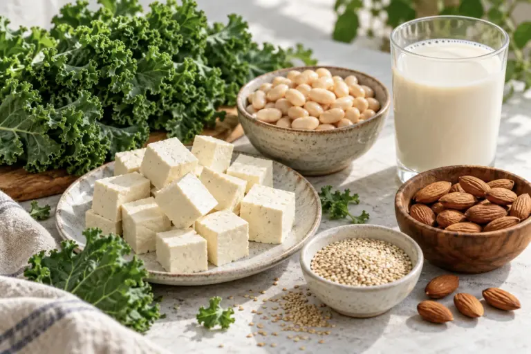 Tofu cubes, kale, white beans, almonds, sesame seeds and a glass of plant milk on a table