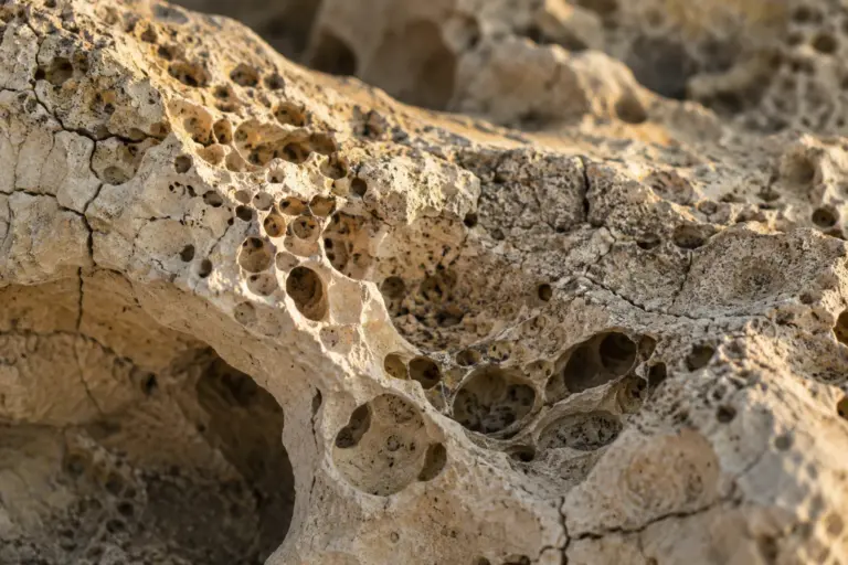 Close-up of porous weathered limestone lit by warm side light