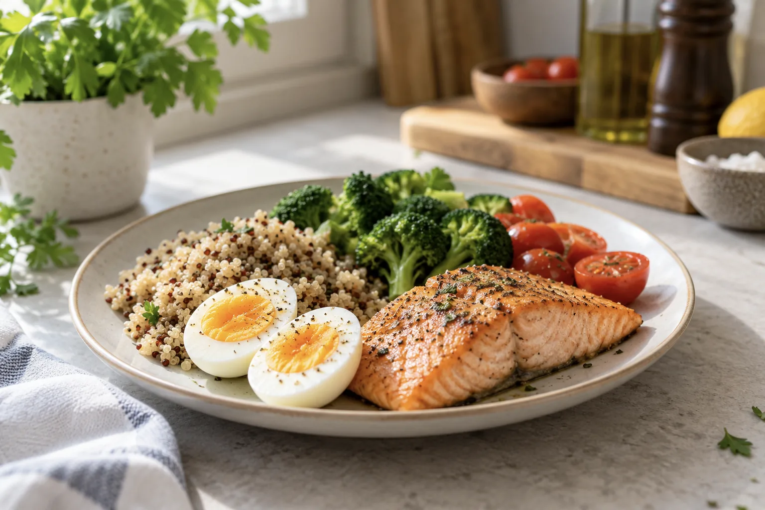 Plate of baked salmon, boiled eggs, quinoa, broccoli and cherry tomatoes on a kitchen counter