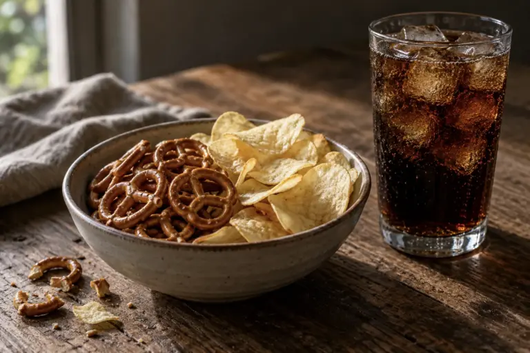 Bowl of pretzels and potato chips next to a glass of cola with ice on a wooden table