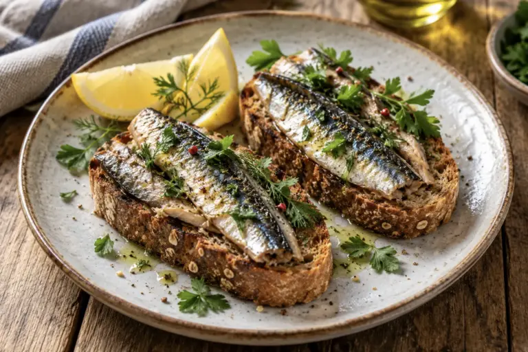 Two sardines on whole-grain toast with lemon wedges and fresh herbs on a ceramic plate