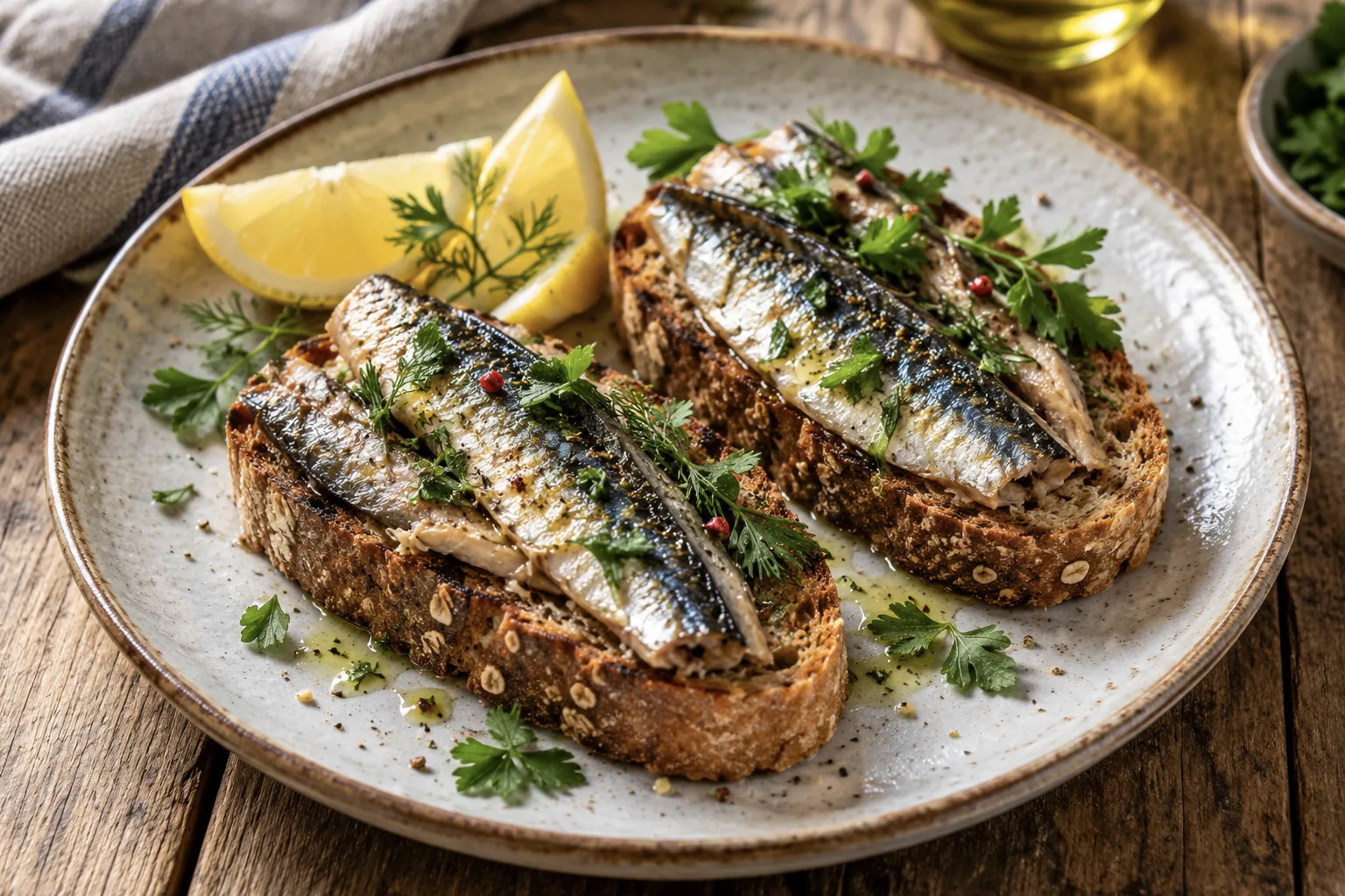 Two sardines on whole-grain toast with lemon wedges and fresh herbs on a ceramic plate