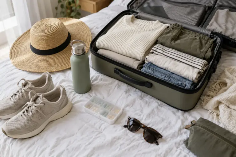 Open suitcase with folded clothes, sun hat, walking shoes, water bottle and pill organiser on a bed