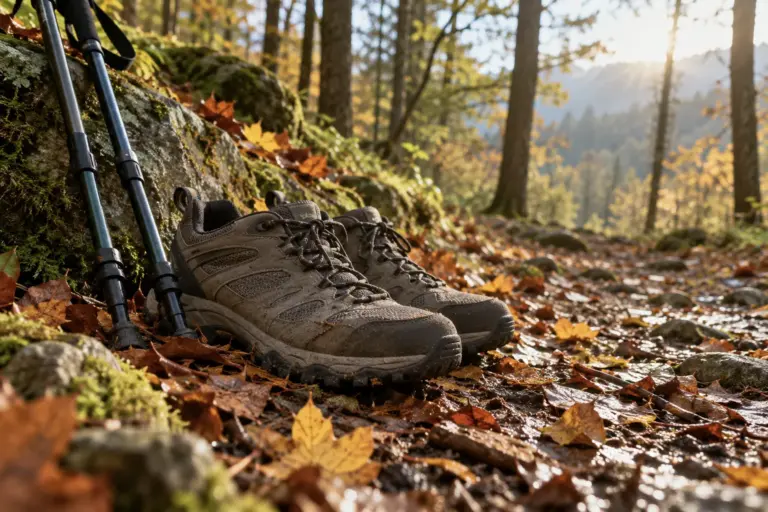 Pair of walking shoes and trekking poles on a forest trail covered in autumn leaves