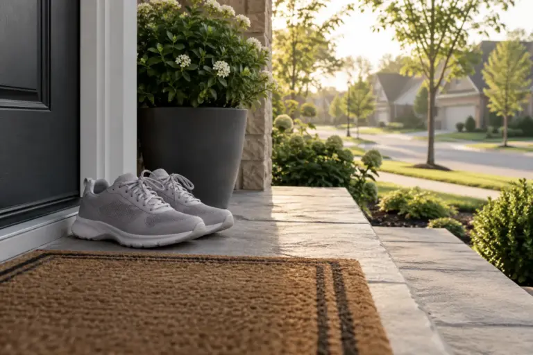 Pair of grey walking sneakers on a front doorstep beside a coir mat in morning light