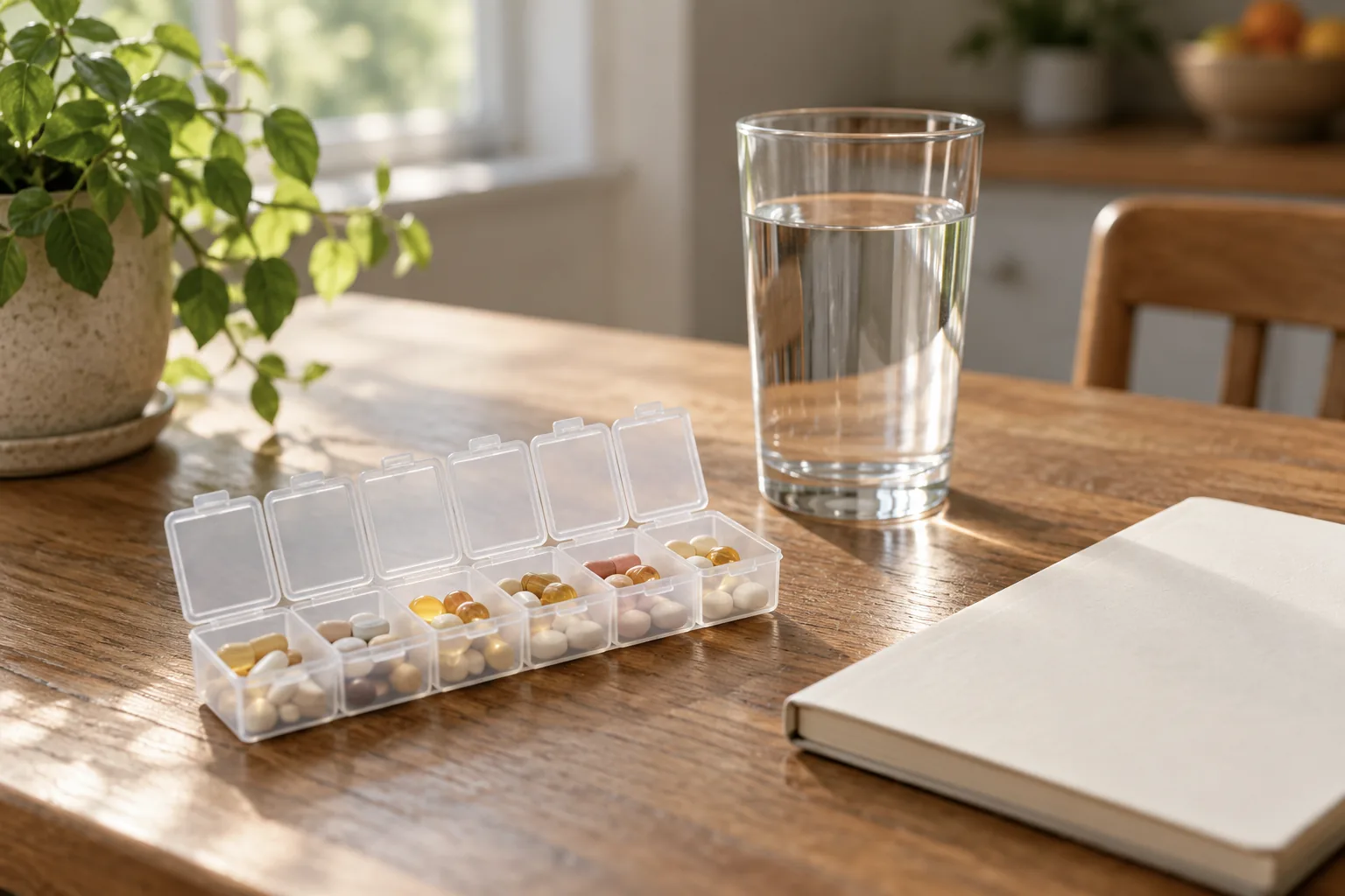 Weekly pill organiser beside a glass of water and a notebook on a wooden kitchen table