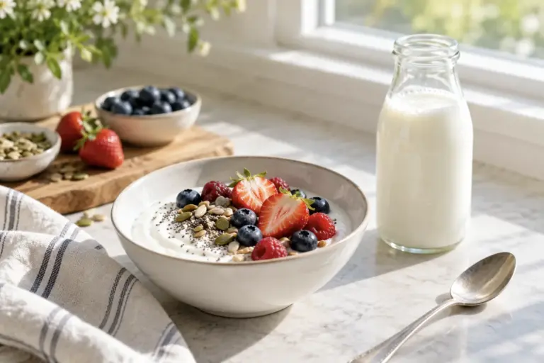 Bowl of plain yogurt with berries and seeds beside a bottle of kefir on a kitchen table